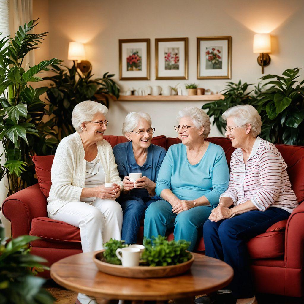 A warm, inviting scene of seniors sitting together in a cozy living room, sharing laughter and stories, surrounded by soft lighting and vibrant plants. Capture a moment of deep connection, showcasing joy and intimacy through gentle touches and smiles. Include elements of comfort like a plush sofa and cherished family photos on the wall. Emphasize age-appropriate activities like card games or crafting, enhancing the themes of experience and pleasure. super-realistic. warm colors. soft focus.