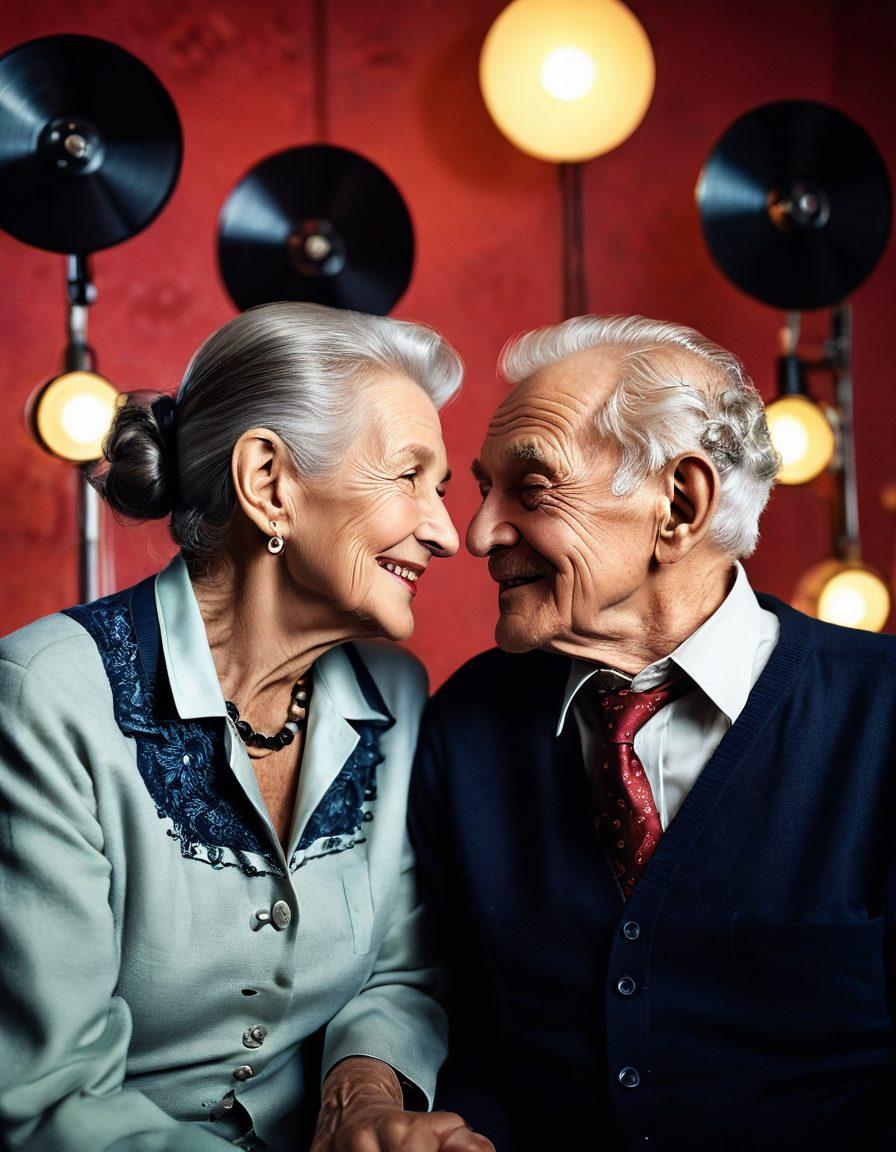 A dynamic and artistic scene showcasing an intimate moment between two elderly individuals in a playful yet tasteful manner, surrounded by soft lighting that enhances their joyful expressions. The background features a blend of vintage film reels and modern cinematography equipment, symbolizing the evolution of erotic cinema. Emphasize warmth, connection, and celebration of love at any age. vibrant colors. super-realistic. cinematic style.
